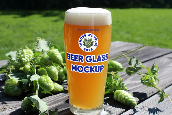 Free Beer Pint with Hops Mockup PSD Template
