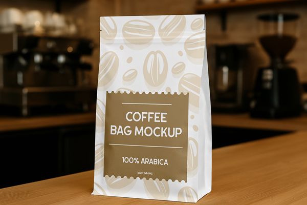 Free Coffee Bag on Table Mockup PSD Template