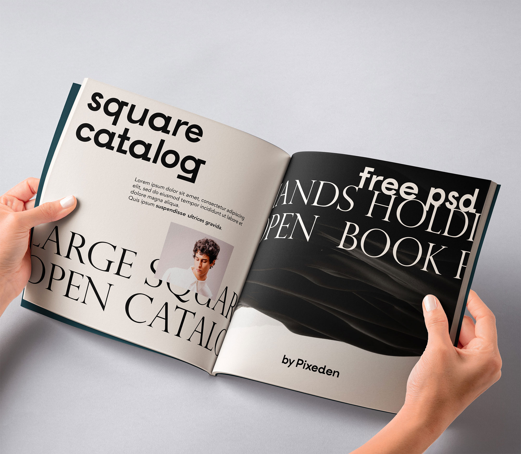 Free Hand Holding Square Catalog Mockup PSD Template