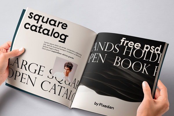 Free Hand Holding Square Catalog Mockup PSD Template