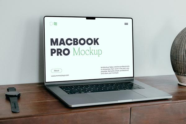 Free MacBook Pro on Dresser Mockup PSD Template