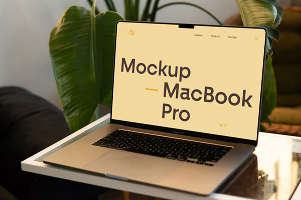 Free MacBook Pro on Small Table Mockup PSD Template