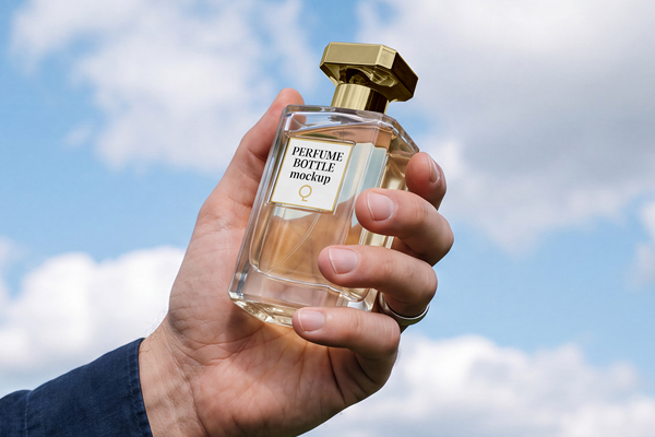 Free Perfume Bottle with Label Mockup PSD Template