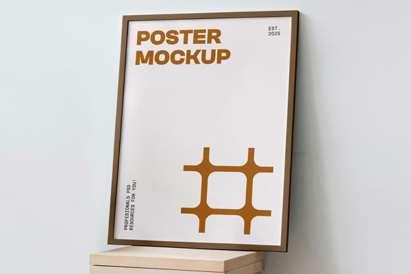 Free Poster on Wooden Stool Mockup PSD Template