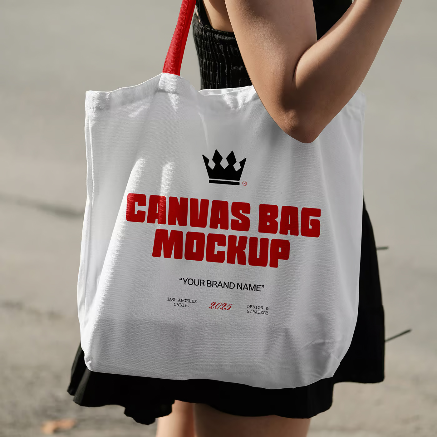Free Woman Wearing Canvas Bag Mockup PSD Template