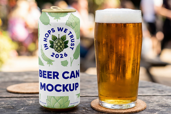Free Beer Can on Table Mockup PSD Template
