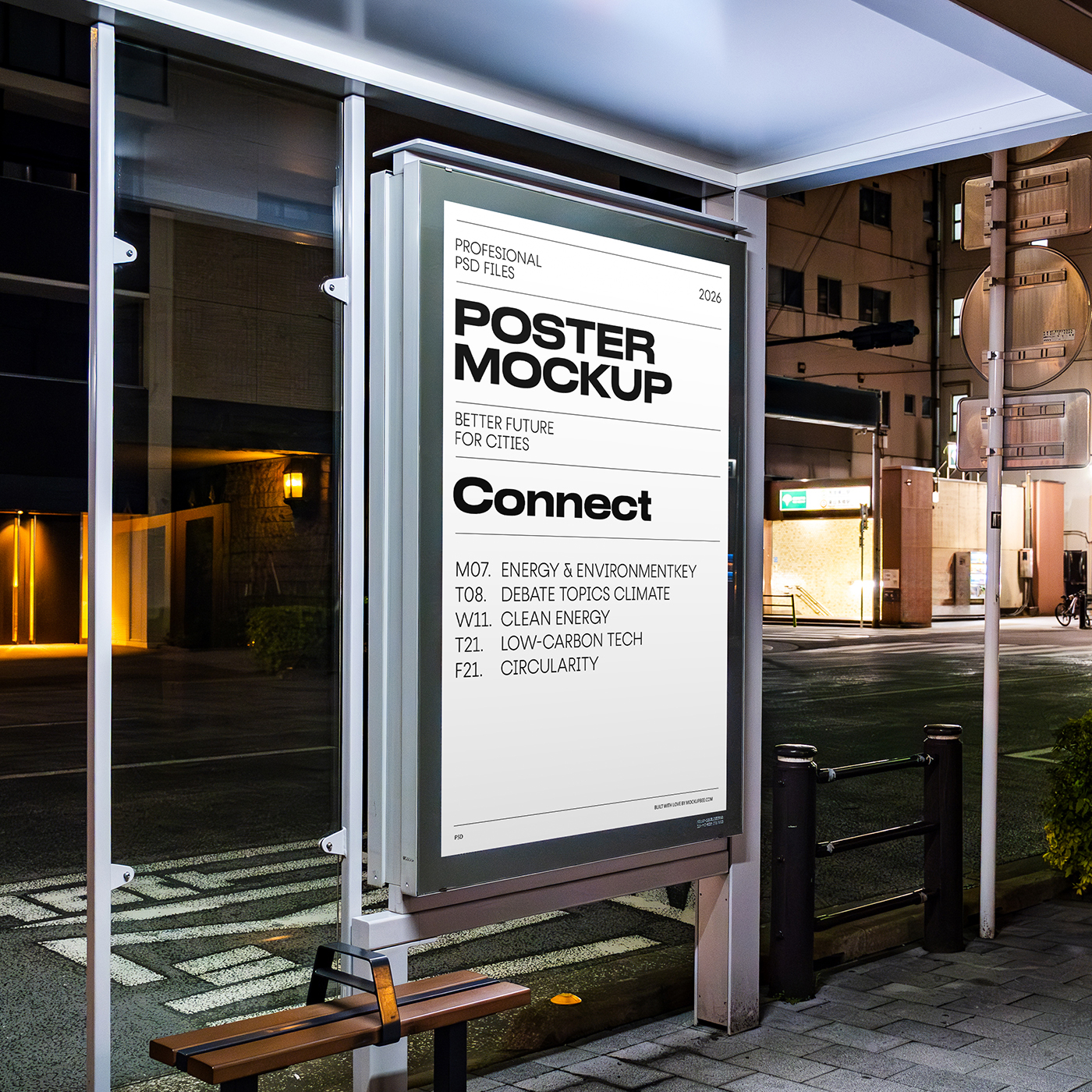 Free Bus Stop Poster at Night Mockup PSD Template