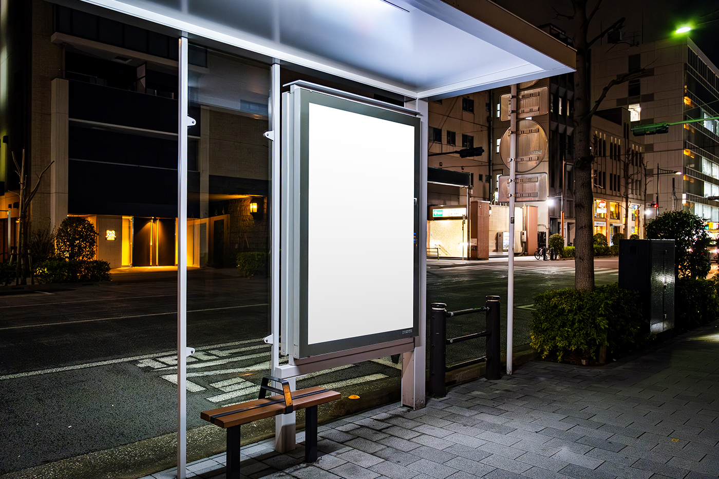 Free Bus Stop Poster at Night Mockup PSD Template