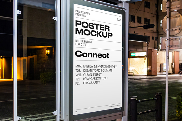 Free Bus Stop Poster at Night Mockup PSD Template