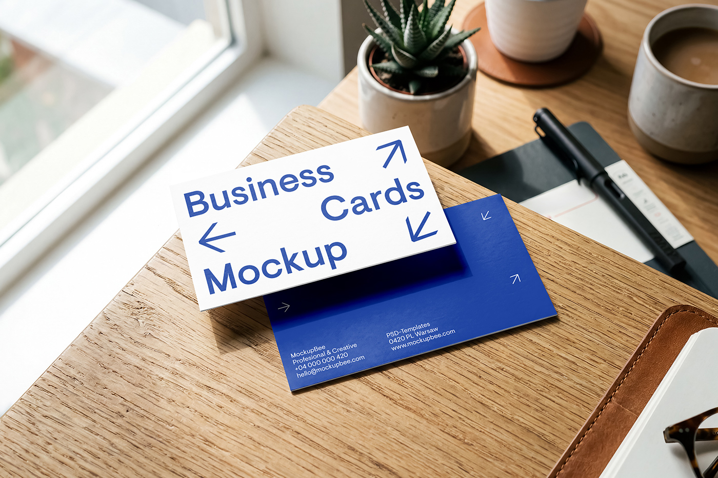 Free Business Cards on Desk Mockup PSD Template
