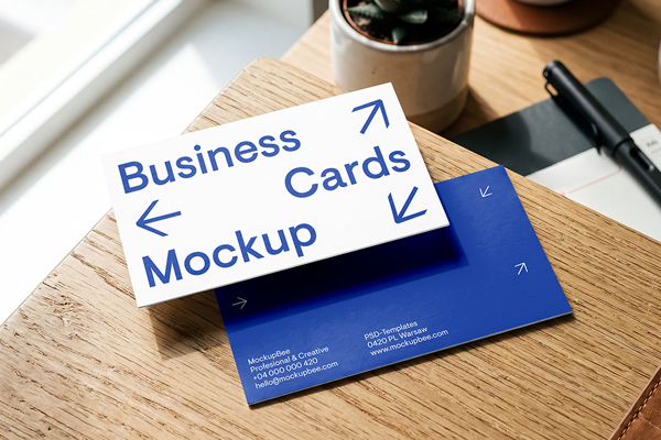 Free Business Cards on Desk Mockup PSD Template