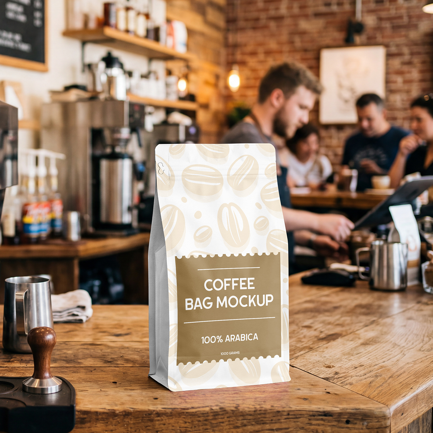 Free Coffee Bag in Cafe Mockup PSD Template