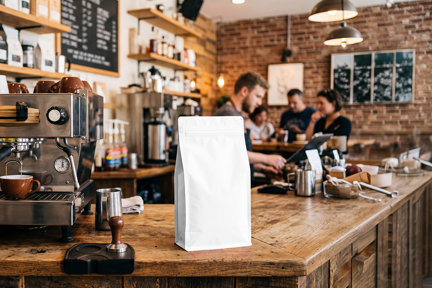 Free Coffee Bag in Cafe Mockup PSD Template