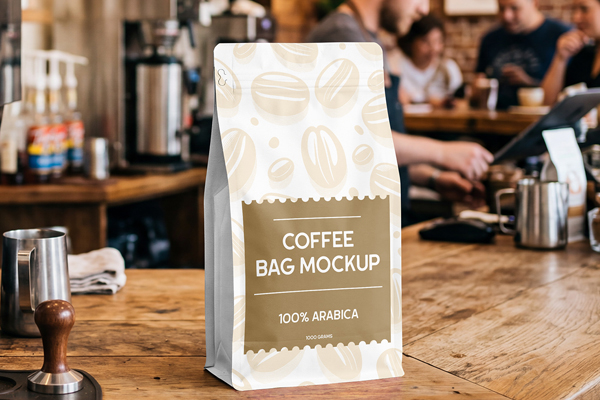 Free Coffee Bag in Cafe Mockup PSD Template