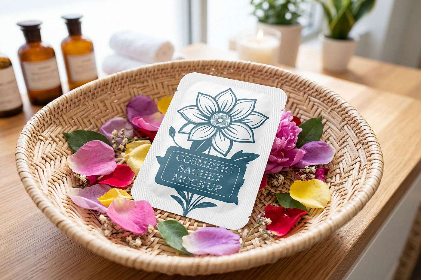 Free Cosmetic Sachet in Basket Mockup PSD Template
