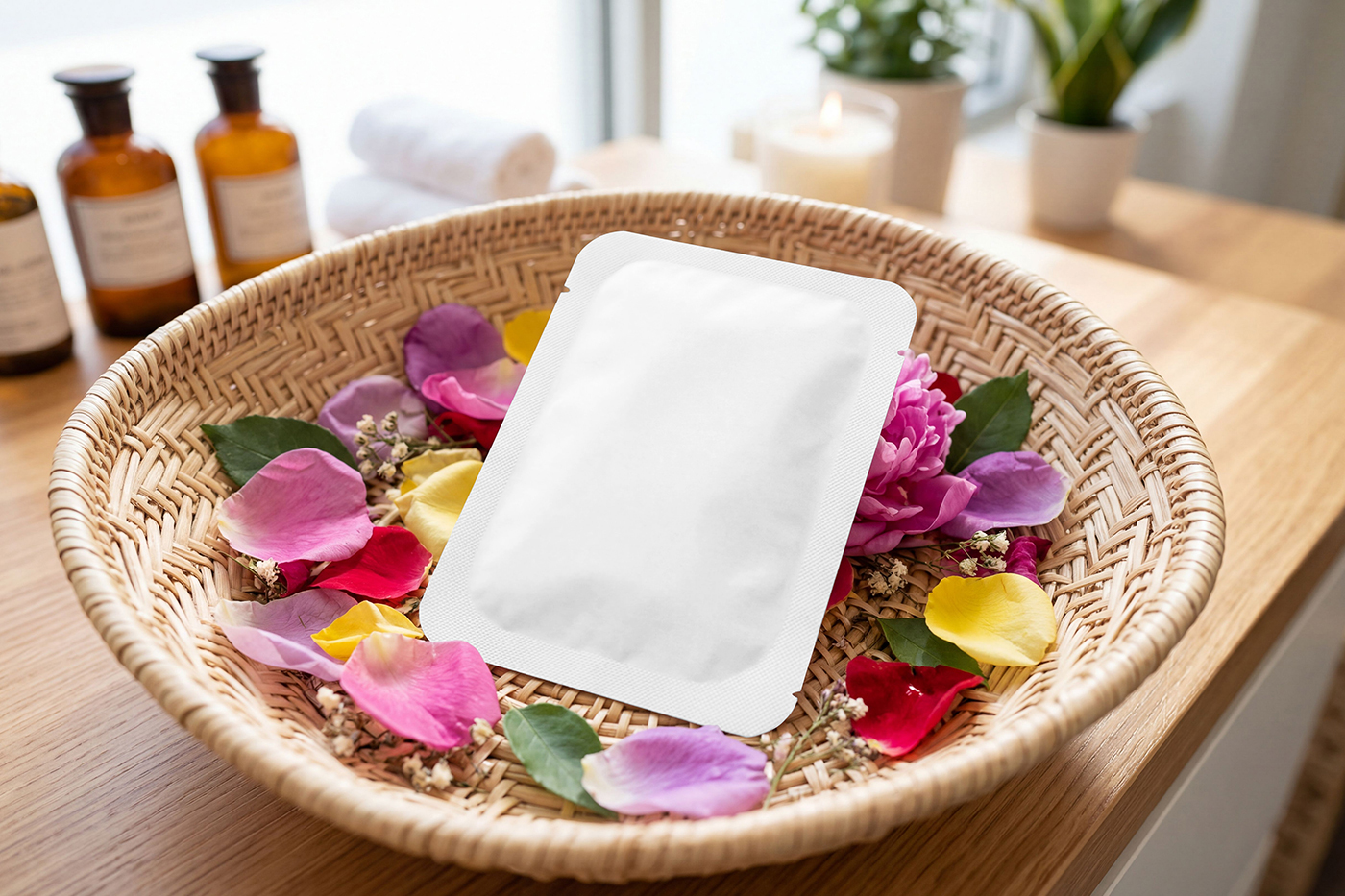 Free Cosmetic Sachet in Basket Mockup PSD Template