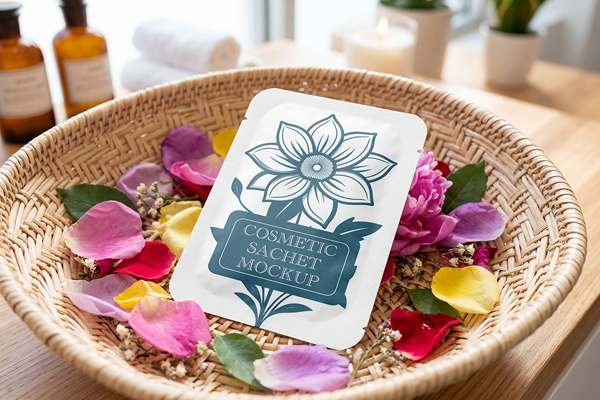 Free Cosmetic Sachet in Basket Mockup PSD Template