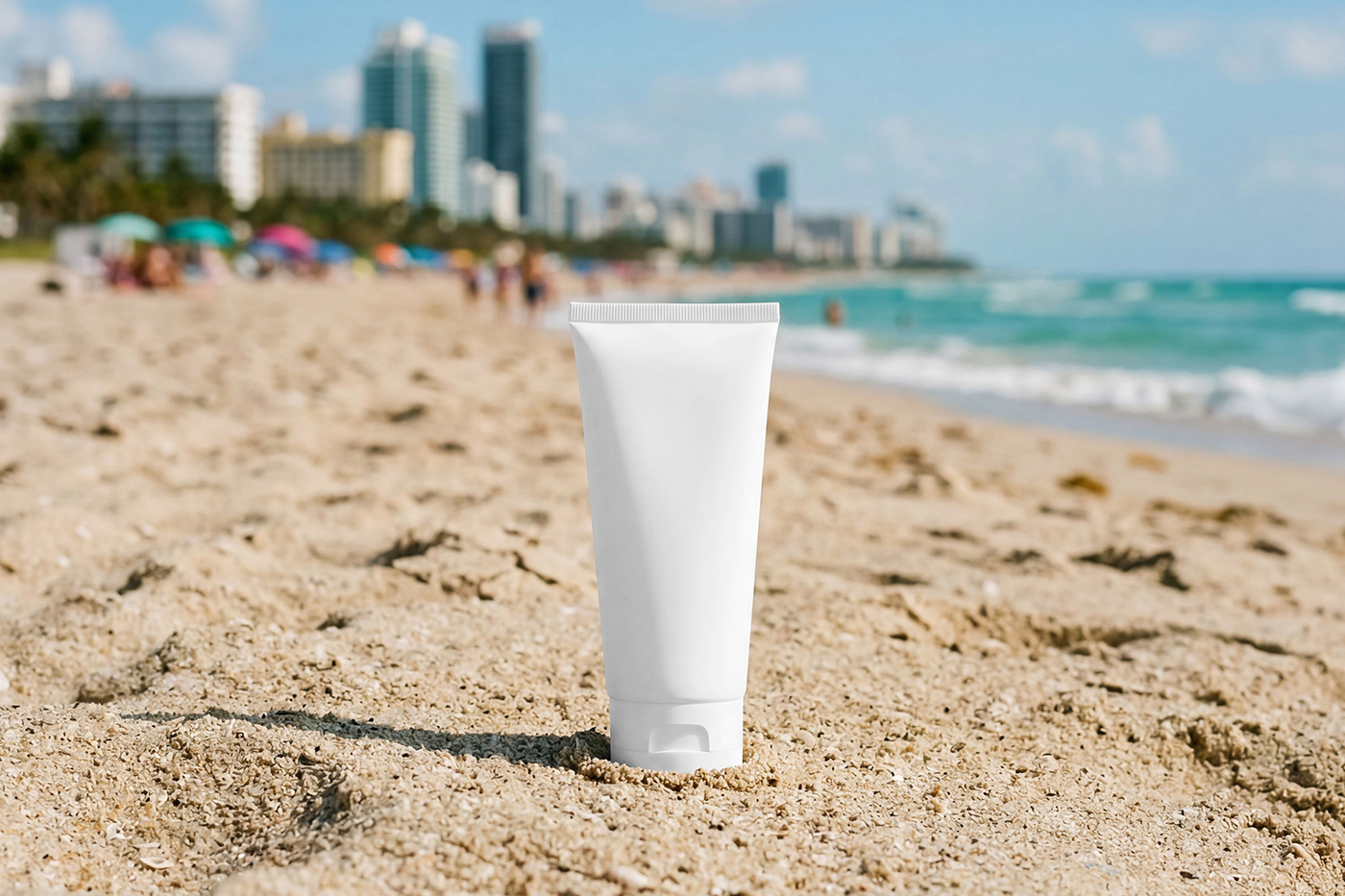 Free Cosmetic Tube on Beach Mockup PSD Template