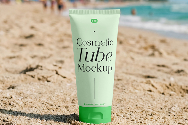 Free Cosmetic Tube on Beach Mockup PSD Template