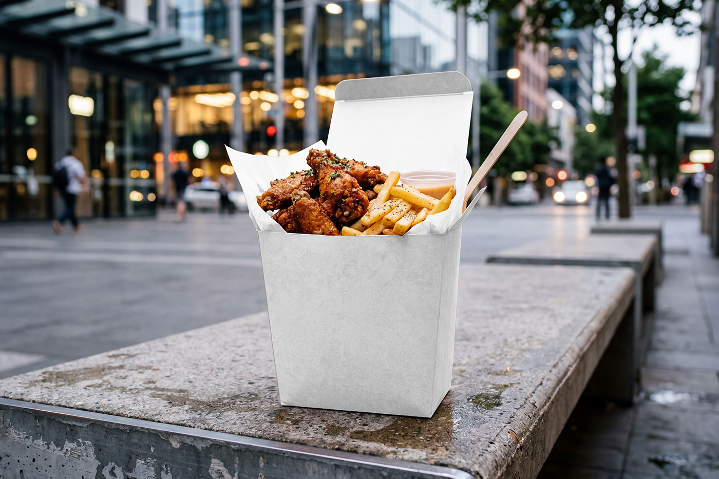Free Food Box on Bench Mockup PSD Template