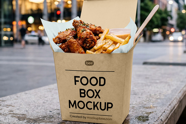 Free Food Box on Bench Mockup PSD Template