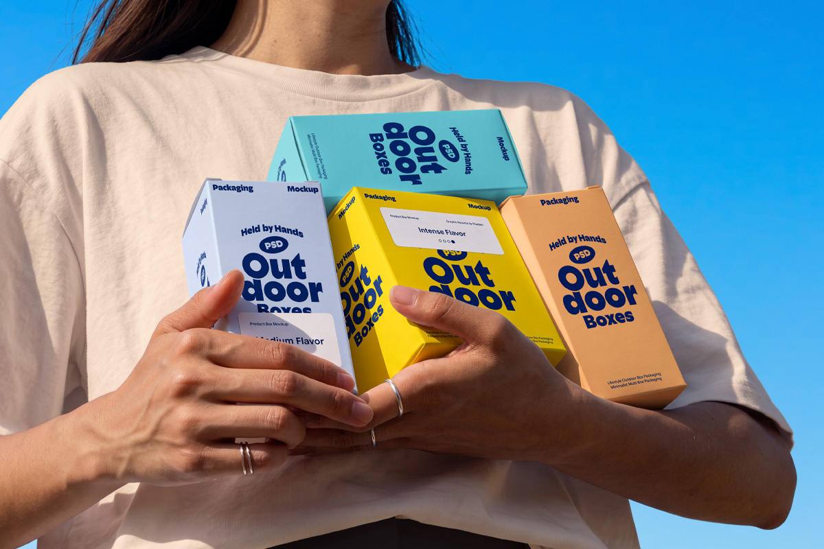 Free Handheld Box Collection Set Mockup PSD Template