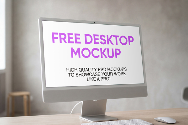 Free iMac in Bright Room Mockup PSD Template