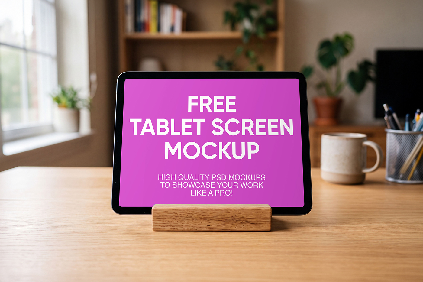 Free iPad in Wood Stand Mockup PSD Template