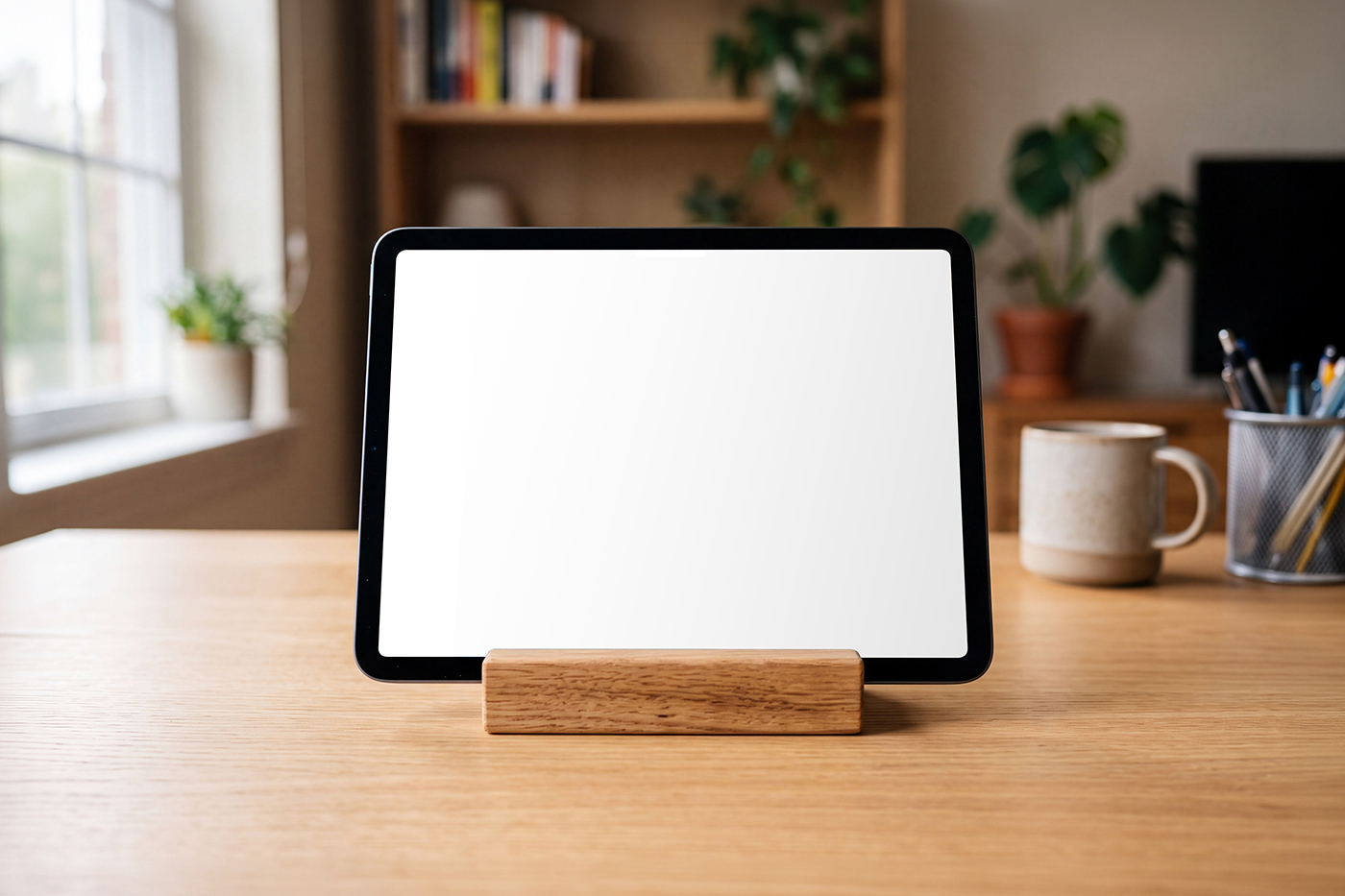 Free iPad in Wood Stand Mockup PSD Template
