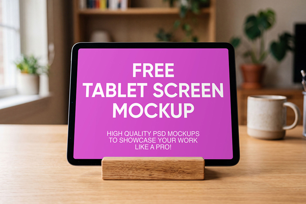 Free iPad in Wood Stand Mockup PSD Template