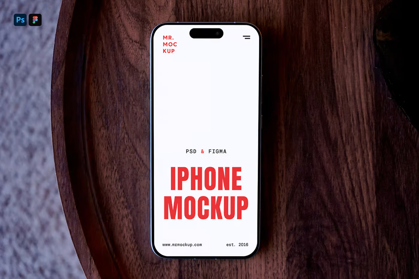 Free iPhone Lying on Wooden Table Mockup PSD Template