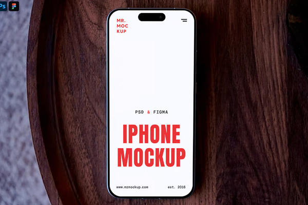 Free iPhone Lying on Wooden Table Mockup PSD Template