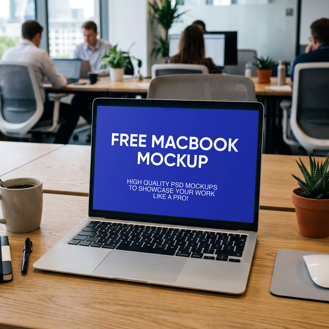 Free MacBook on Desk in Office Mockup PSD Template