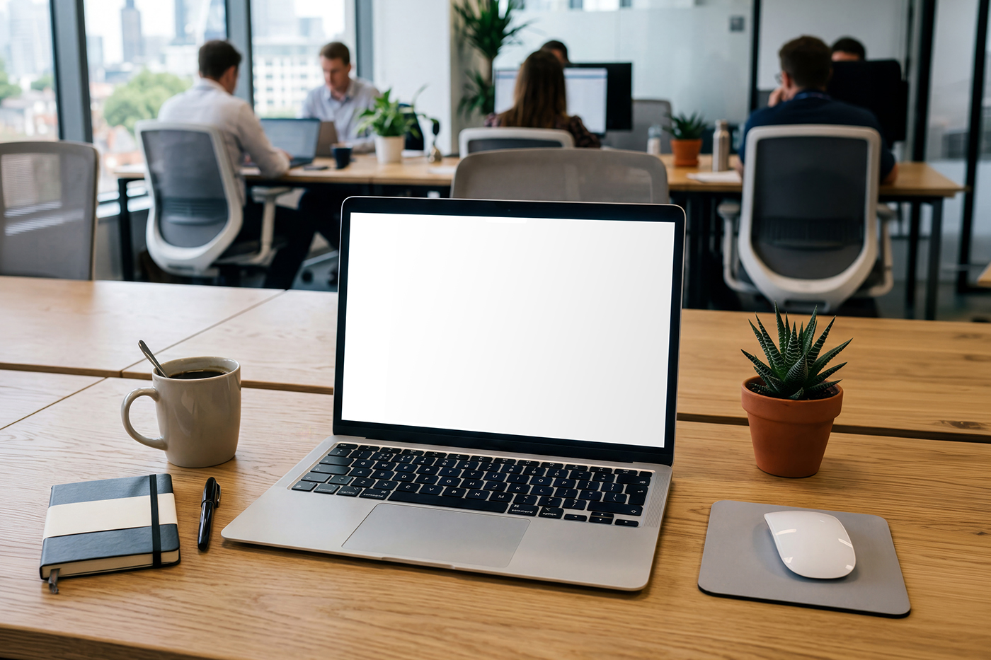 Free MacBook on Desk in Office Mockup PSD Template