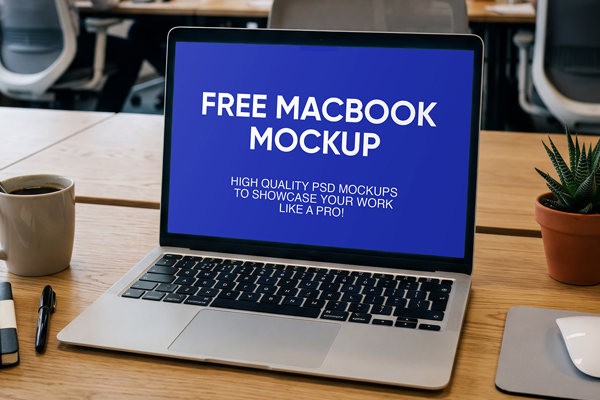 Free MacBook on Desk in Office Mockup PSD Template