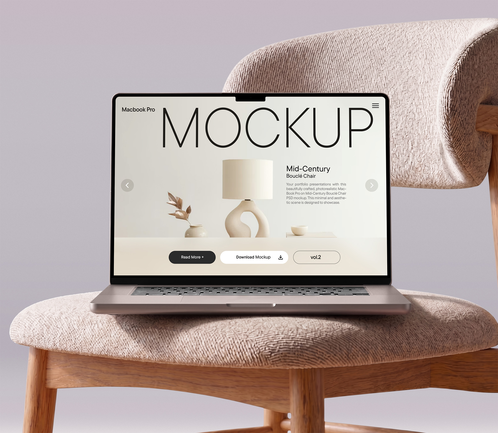 MacBook Pro on Boucle Chair Mockup Free Download | Resource Boy