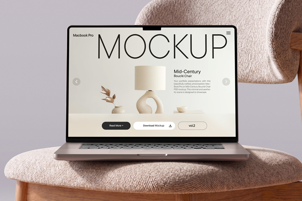 Free Macbook Pro on Boucle Chair Mockup PSD Template