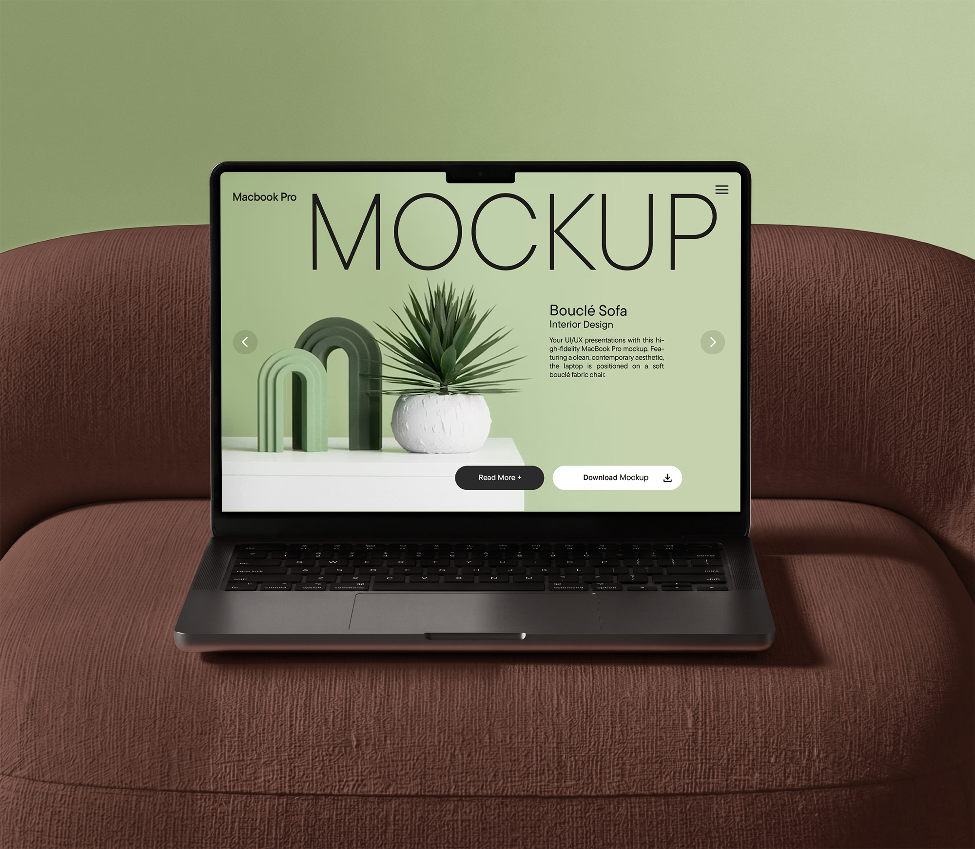 Free MacBook Pro on Sofa Mockup PSD Template