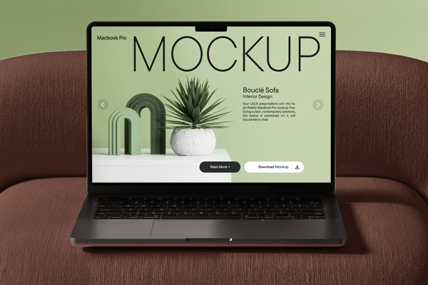 Free MacBook Pro on Sofa Mockup PSD Template