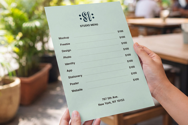 Free Menu Card in Hands Mockup PSD Template