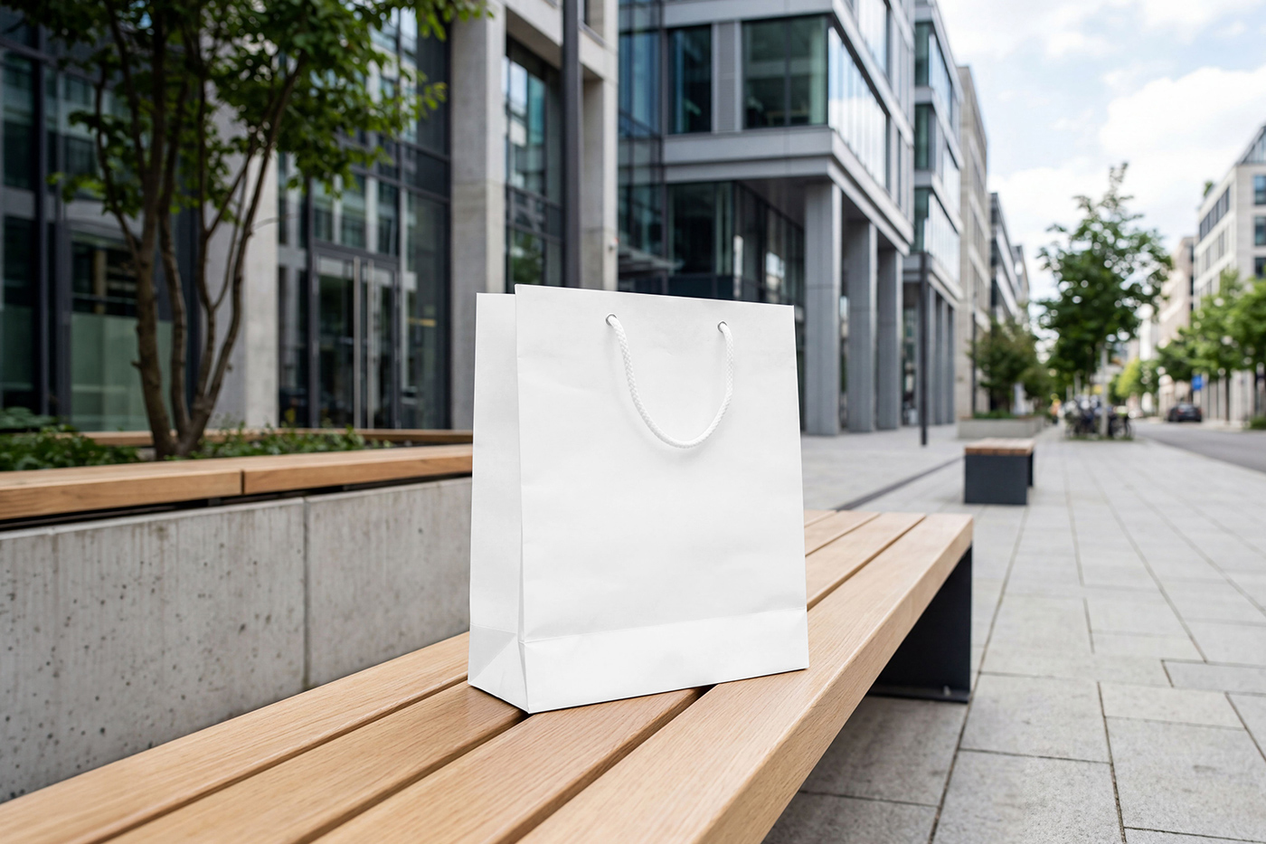 Free Paper Bag on Bench Mockup PSD Template