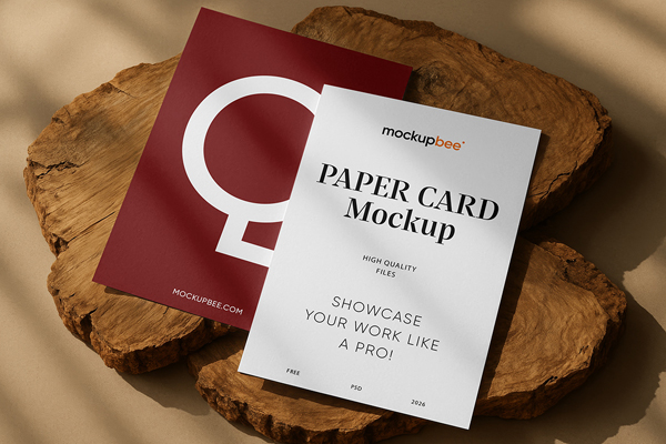 Free Paper Card on Wood Mockups PSD Template