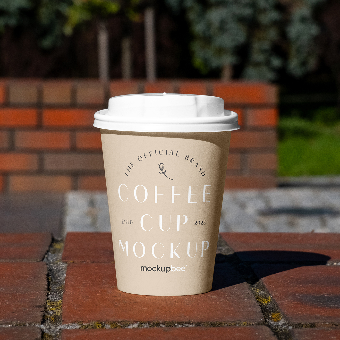 Free Paper Cup on Low Wall Mockup PSD Template