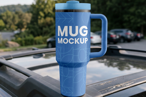 Free Reusable Cup on Car Mockup PSD Template