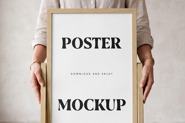 Free Stand Poster Frame in Hands Mockup PSD Template