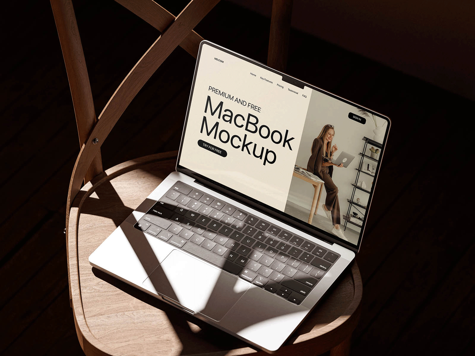 Free Wooden Chair MacBook Mockup PSD Template