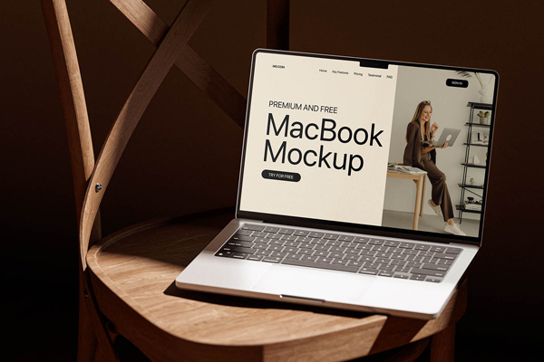 Free Wooden Chair MacBook Mockup PSD Template